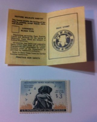 1959 - 1960 Mallard By Maynard Reece $3 Duck Stamp Nh W Gum & Hunting License photo
