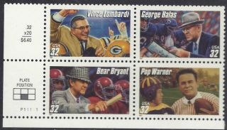 3143 46 Plate Block 32cent Football Coaches Nfl Ncaa Pw photo