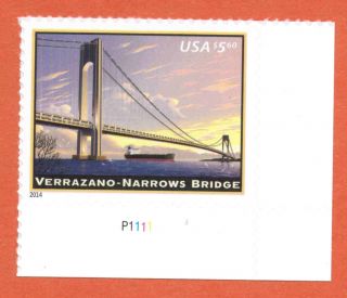 Us Verrazano - Narrows Bridge Priority Mail Stamp $5.  60 Plate Single 2014 photo