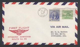 1941 First Flight Us Airmail Route Am - 55,  Bristol,  Tenn To Birmingham,  Ala photo