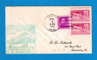 Us First Flight Cover,  Air Mail,  Boston,  Ma To Milan,  Italy,  Twa Fam 27,  1950 photo