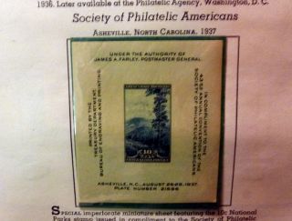 1937 Usps Souvenir Sheet, ,  Vf - 10c Society Of Philatelic Americans Sc 797 photo