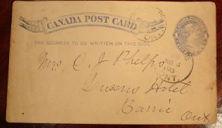 1893 Canada Postcard,  Thorold Ont.  To Barrie Ontario,  Queens Hotel photo