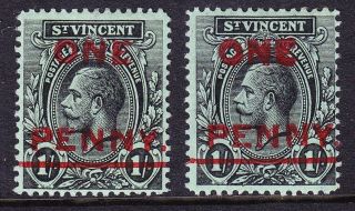 St Vincent Sg121 1d Surcharge X 2; Good,  1 With Over - Inked/doubled ' One ' photo
