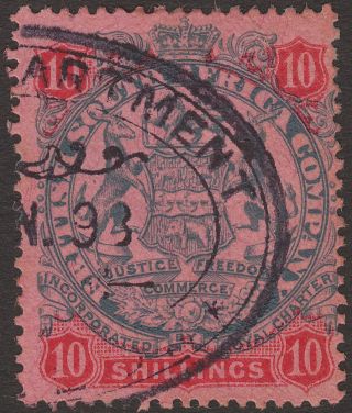 Rhodesia Bsac 1896 Qv 10sh Slate And Vermilion On Rose Fiscal Sg50 photo