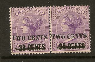 Mauritius: 1891 2 Cents On 38c On 9d,  Sg 120 Unmounted Pair photo