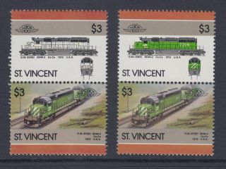 1986 St Vincent Um/m $3 Sd40 - 2 Train Pair (sg 1007a) Variety : Green Omitted photo
