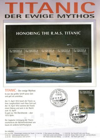 1998 St Vincent Rms Titanic Miniature Sheet & Single First Day Handstamp photo