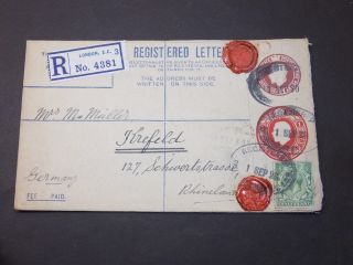 Gb Stationery Kgv Uprated 3d + 1d Compound Registered Envelope London To Germany photo