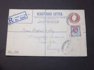 Gb Stationery Kgv Uprated 3d Registered Envelope Gfr&co Perfin London To Germany photo