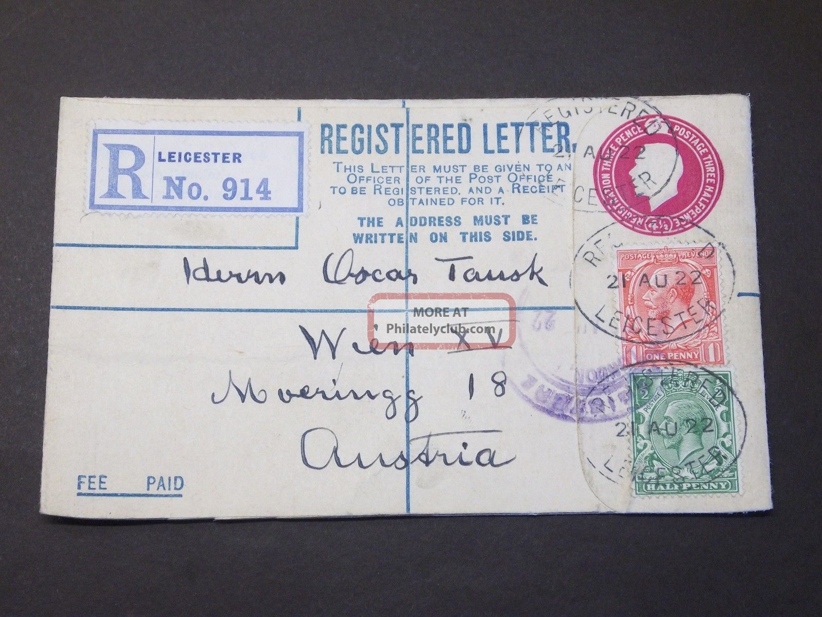 Gb Stationery Kgv Uprated 41/2d Registered Envelope Leicester Oval ' S To Austria Covers photo