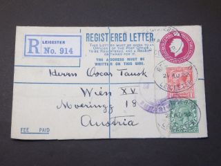 Gb Stationery Kgv Uprated 41/2d Registered Envelope Leicester Oval ' S To Austria photo
