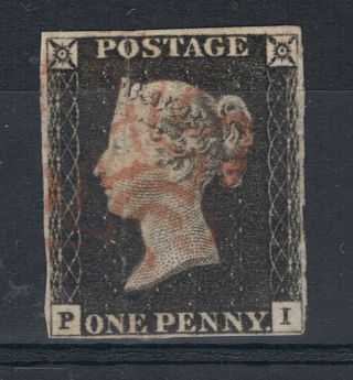 Queen Victorian 1840 Penny Black (p - I) With Red Maltese Cross Postmark photo