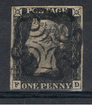 Queen Victorian 1840 Penny Black Sg2 (f - D) 3+ Margins - Maltese Cross photo