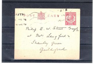 Gb = Postal History - G5,  1d Stationary Card,  Bath To Guildford (1919) photo