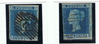 Gb Error 1841 Victorian 1d Blue X 2 (sg14) Early & Later Stares Of Plate 4 photo