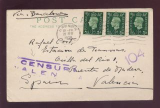 Gb 1938 Kg6 1/2d X 3 On Censored Postcard To Spain photo