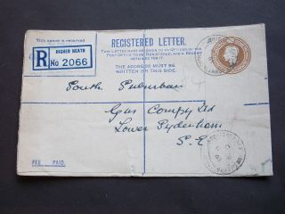 Gb Stationery Kgv1 51/2d Registered Envelope Higher Heath Whitchurch Shrops Cds photo