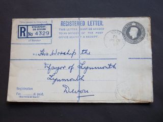 Gb Stationery Kgv1 81/2d Registered Envelope Stourport On Severn Worcs To Devon photo
