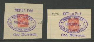Scotland 1918 Kg5 1d Receipts Ross Shire Butchers Oval Handstamp Oct 10 + Sep 25 photo