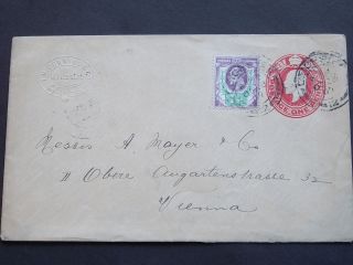 Gb Stationery 1907 Kevii Uprated Sto 1d Cover Leicester Cds To Vienna Austria photo