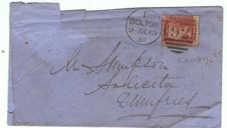 1869 Victorian Penny Red (plate 10) On Cover - Bolton To Dumfries photo