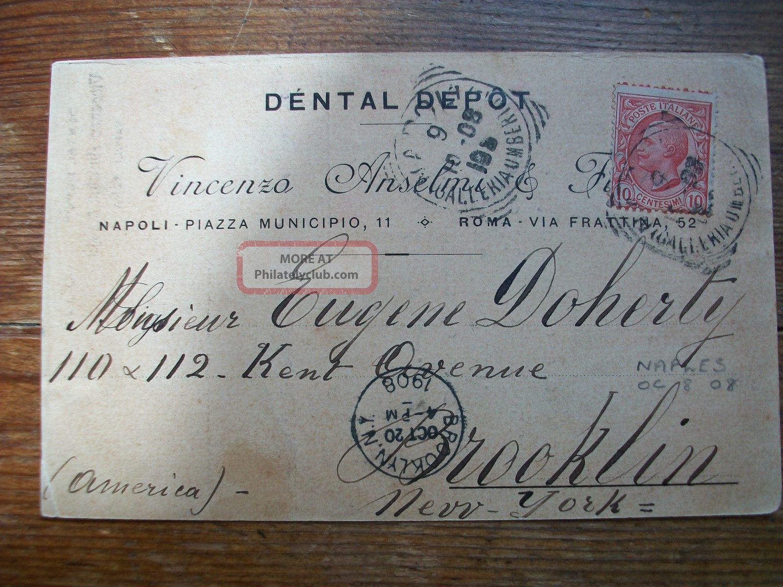 1908,  Postal Card; Dental Depot,  Naples,  Italy - Kent Avenue,  Brooklyn,  York Europe photo