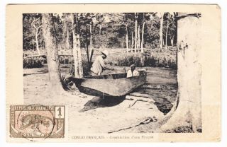 French Congo Pirogue Boat Construction Postcard Mailed To Usa 1924 Cover photo