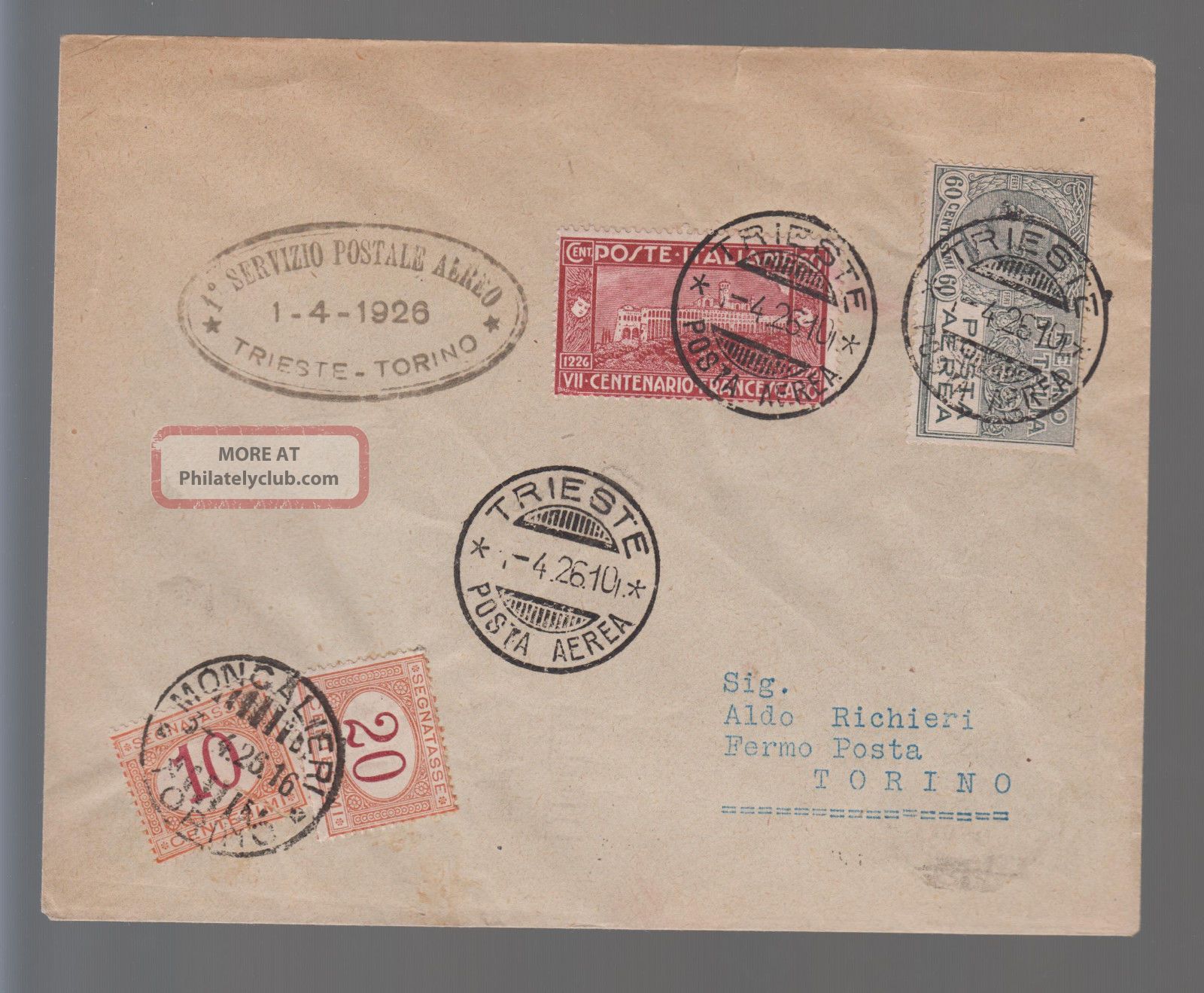 1926 Italy First Flight Cover Ffc Trieste To Turin Postage Due C 4 Sassone 55 Europe photo