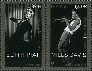 France Stamp,  2012 Fra1227 Edith Piaf - Singer,  Miles Davis - Jazz Musician photo