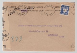 1942 Lyon Vichy France Censored Cover To Sweden Credit Lyonaise Bank photo
