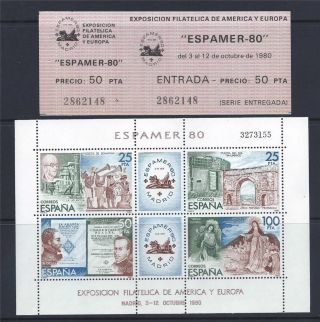 Spain 1980 Ms2625 Espamer 80 Mini Sheet And Admission Ticket photo