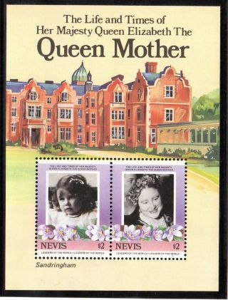 Nevis 1985 Queen Mother Life & Times 2 X $2 Miniature Sheet photo