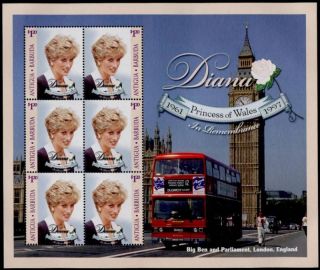 Antigua 2184 Sheet Diana,  Princess Of Wales,  Big Ben,  Parliament,  Bus photo