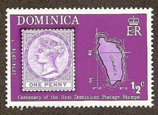 Dominica Scott 389,  Picture Of First Stamp & Map Of Island, ,  Fg,  Nh 1974 photo