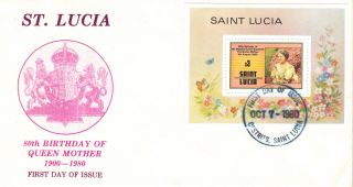 St Lucia 1980 Queen Mother Mini Sheet First Day Cover Ref:cw341 photo