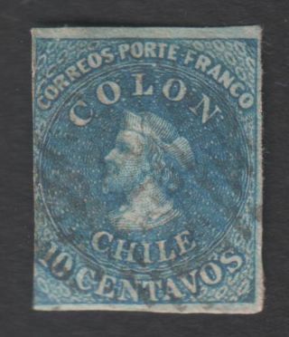 Chile (1) 1861 - 62,  10 Cents,  Imperf.  Wmk F,  Last Of London,  Yvert 9,  Scott 12 photo