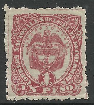 Colombia.  1883 - 86.  1 Peso Lake On Bluish Paper.  Sg: 114.  Mlh. photo