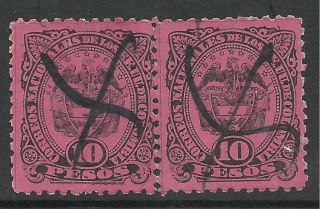 Colombia.  1886.  10 Peso Black On Rose.  Sg: 116.  Pair Pen Cancel. photo