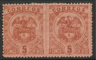Colombia.  1898.  5c Brown,  Variety Imperf Vertically In Pair.  Sg: 172b.  Mh. photo
