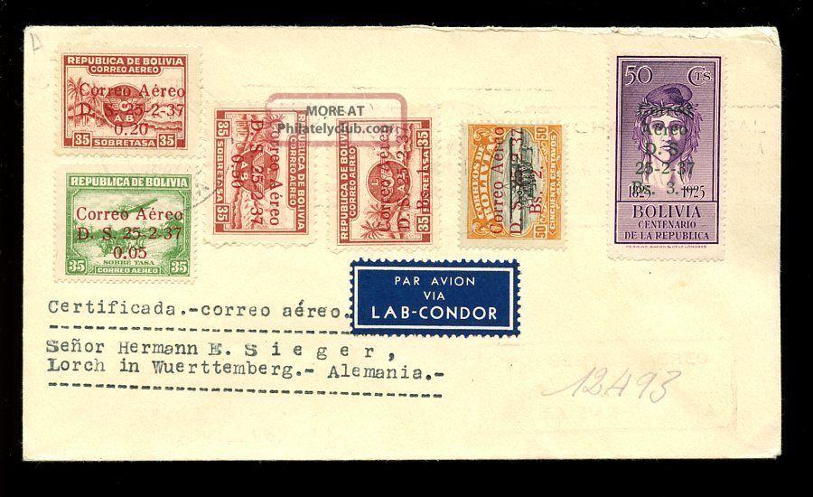 Bolivia 1937 Registered Airmail Condor Etiquette + Surcharges To Wurttemberg Latin America photo