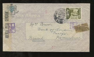 Peru To Brazil Censored Airmail 1944. . .  Lima Telegraph Cancel photo