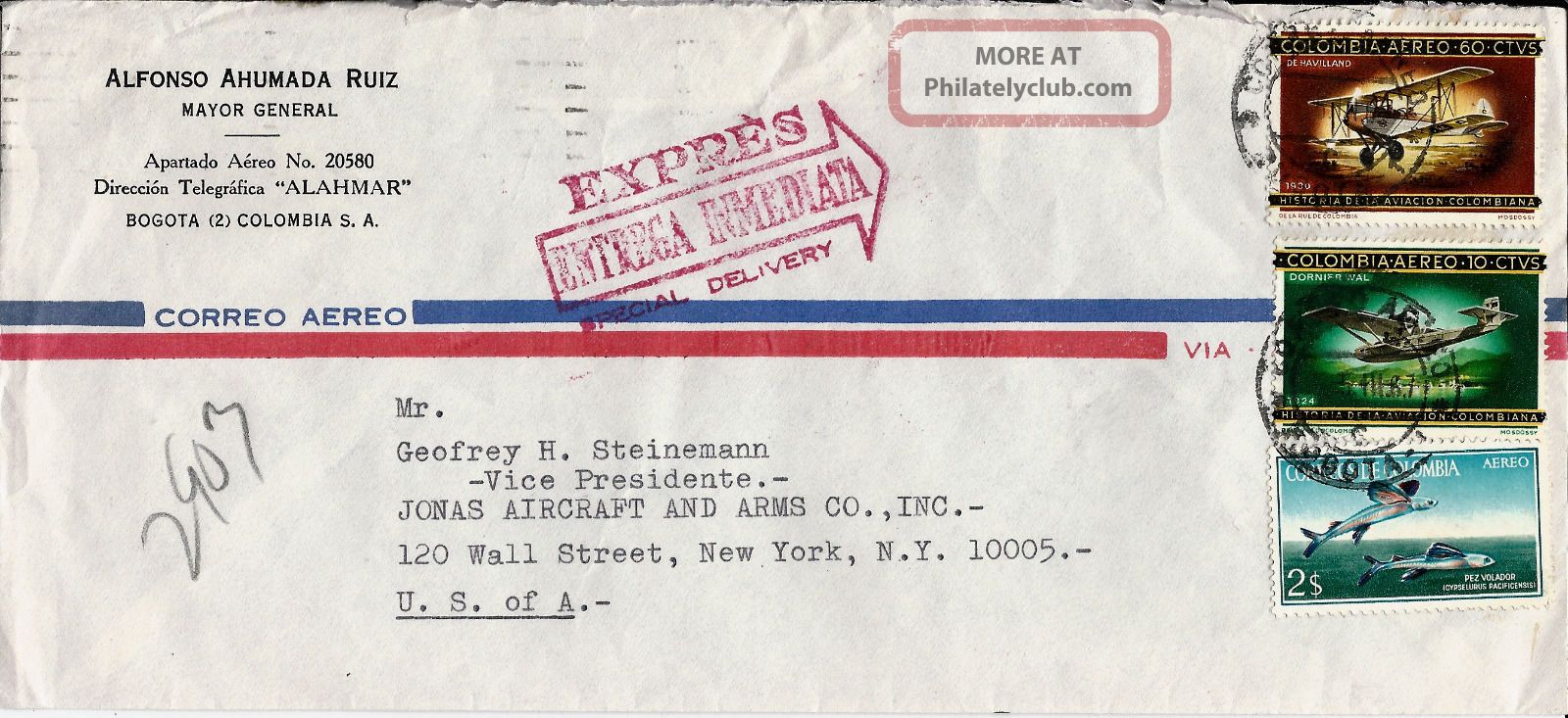 1967 Colombia Airmail Express Special Delivery Cover Bogota To Nyc Ny U.  S.  A. Latin America photo