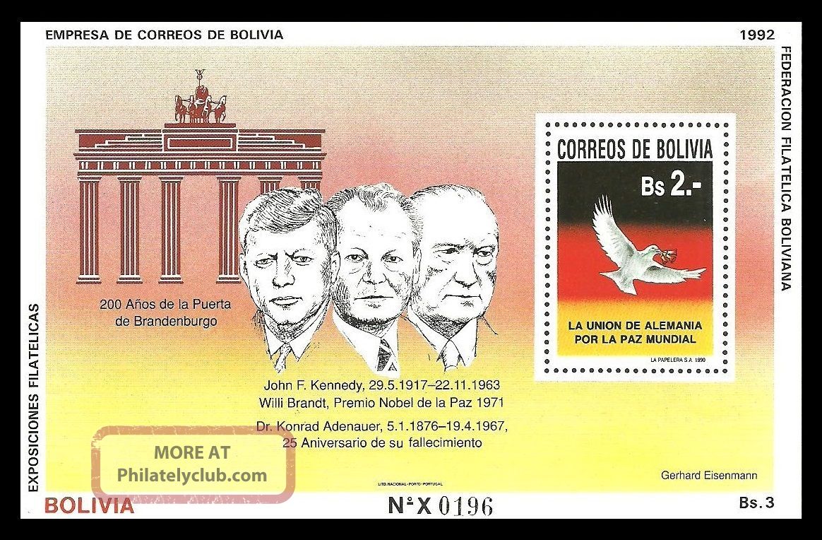 Bolivia 1992 Peace Nobel Prize Kennedy Adenaur Brandt Brandenburg M/sheet Latin America photo