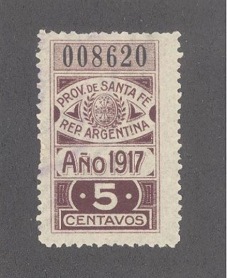 Argentina.  Province Of Santa Fe.  1917.  5 Centavos.  Brown Violet.  Mng.  Vf. photo