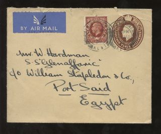 Egypt 1936 From Gb Kg5 Stationery + 1 1/2d Airmail To Ship Glenaffaric Port Said photo