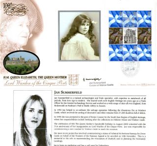 4 August 2000 Queen Mother Full Pane 1 Benham Signed Walmer Castle Curator Shs photo