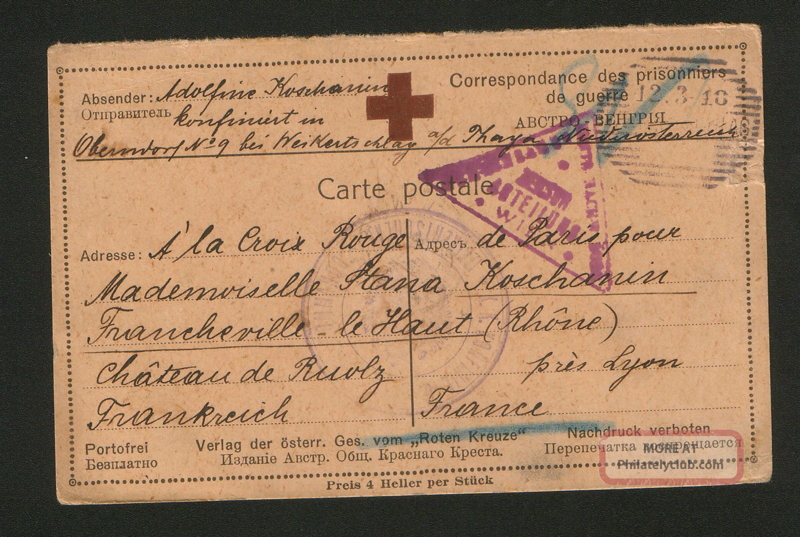 Wwi - Austria - France - Censorship Pow Postacard - Red Cross - 1918 Organizations photo