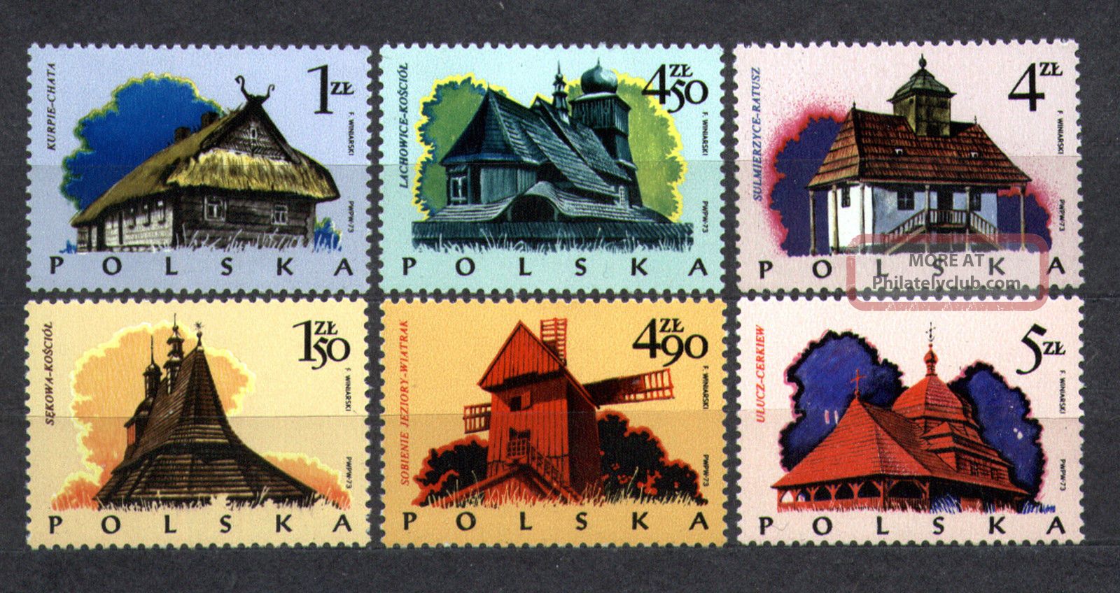 Poland 1974 Wooden Architecture: Churches,  Windmill,  Town Hall 2023 - 8 Topical Stamps photo