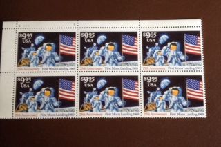 Us $9.  95 Plate Block Of 6 2842 25th Anniversary 1st Moon Landing 1994 At Cost photo